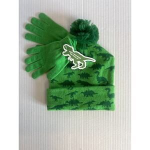Kids Critter Beanie and Glove Set green dinosaur pattern Pom Pom